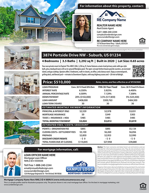 Professional mortgage open house flyer with property photos, Realtor branding, lender branding, and payment scenarios